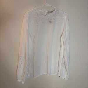 LOFT Medium Womens Embroidered Ruffle Neck Blouse White Long Sleeve